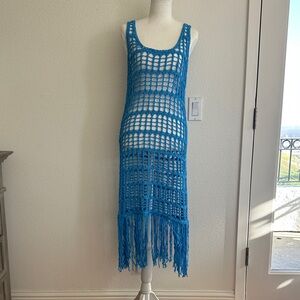 Anthropologie Aqua Blue Crochet Fringe Midi Dress Boho Swim Cover Up Medium